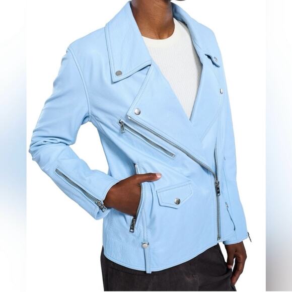 VIAVIA Genuine Leather Oversized Moto Jacket In Clear Sky Blue Size M - Picture 1 of 7